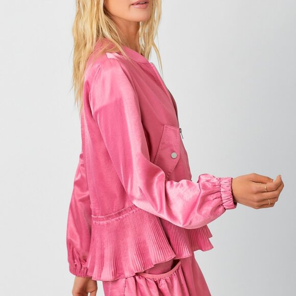 MYSTREE Pink Satin Pleated Hem Bomber Jacket - Picture 3 of 7